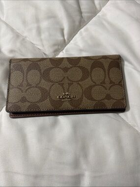 Coach Brown Signature Canvas Long Wallet with Logo Plaque